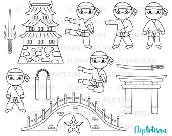 Ninja Digital Stamps, Cute Ninjas Clip Art, INSTANT DOWNLOAD 0005