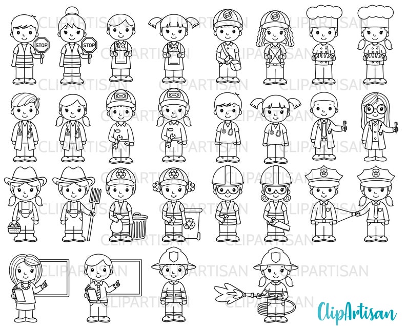 May include: Black and white line art illustrations of children dressed in various occupations. The illustrations include a doctor, nurse, police officer, firefighter, chef, teacher, construction worker, farmer, and more.