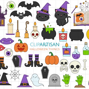 Halloween Things Clipart, Ghost, Witch's Cat, Witch, Pumpkin, Jack o' Lantern, Skull, Halloween Doodles, SVG, PNG, 0041