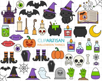 Halloween Things Clipart, Ghost, Witch's Cat, Witch, Pumpkin, Jack o' Lantern, Skull, Halloween Doodles, SVG, PNG, 0041