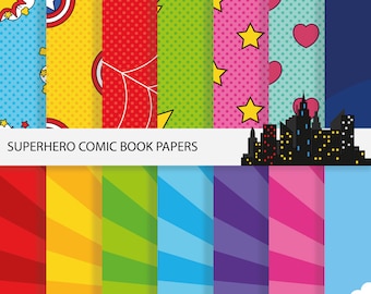Op de afbeelding: Een set van 12 digitale papieren met superhelden-stripboekthema's. De papieren bevatten een verscheidenheid aan patronen, waaronder sterren, harten, stippen en strepen. De papieren zijn in verschillende kleuren, waaronder rood, geel, groen, blauw, roze en paars. De papieren zijn perfect voor het maken van superhelden-thema ambachten, scrapbooking en andere projecten.