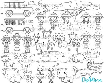 サファリ デジタル スタンプ、アフリカのサファリ クリップアート、かわいいジャングルの動物、即時ダウンロード、PNG、SVG