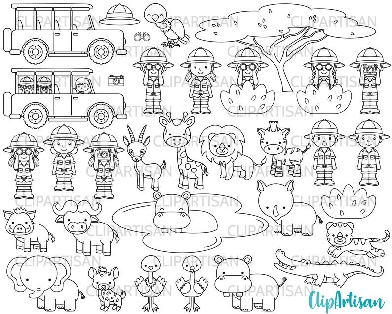 Safari Digital Stamps, African Safari Clipart, Cute Jungle Animals, Instant Download, PNG, SVG image 1