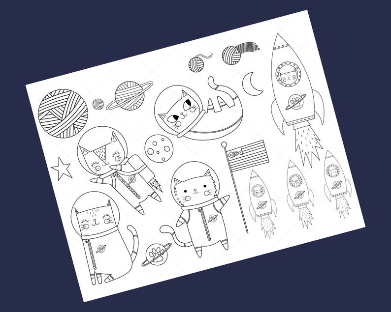 Space Cat Digital Stamps Kitten Astronaut Digital Clip Art Cate Line Art
