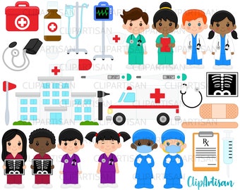 Doctor y enfermera Clipart, Hospital Clip Art, Ambulancia, Cute Little Doctors Clip Art, Primeros Auxilios, DESCARGA INSTANTÁNEA 0009