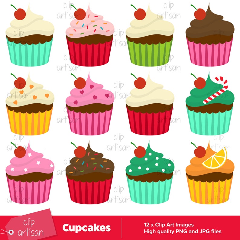 Op de afbeelding: Twaalf kleurrijke cupcake-illustraties met verschillende toppings, waaronder sprinkels, hartjes, snoepstokken en een citroenschijf. De cupcakes staan allemaal op een witte achtergrond.