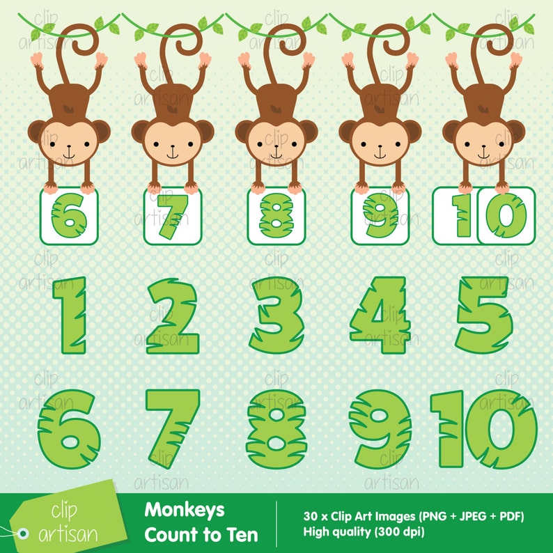 Puede incluir: Un conjunto de 30 im&aacute;genes de clip art con monos contando del 1 al 10. Los monos est&aacute;n colgados de enredaderas y sostienen n&uacute;meros en cuadrados verdes y blancos. Los n&uacute;meros tambi&eacute;n se muestran en un tama&ntilde;o m&aacute;s grande con un dise&ntilde;o verde de hojas.