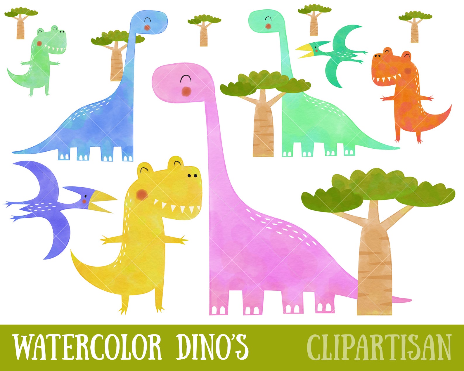Watercolor Dinosaur Clipart | T Rex | Pterodactyl | Diplodocus ...
