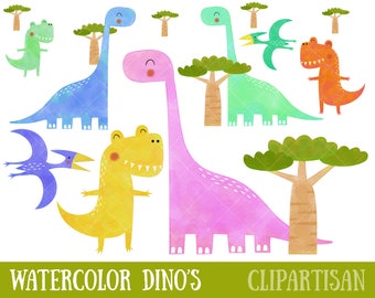 Watercolor Dinosaur Clipart | T Rex | Pterodactyl | Diplodocus | Jurassic Clip Art