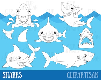 Shark Clipart, Sharks, Shark Party, Digital Stamps, Vector Images, EPS, SVG