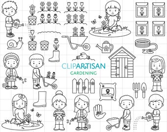 Gardening Clipart, Kids Gardening Digital Stamps, Girl and Boy Spring Garden Clip Art, Spring Flowers, SVG, PNG, Instant Download, 0056