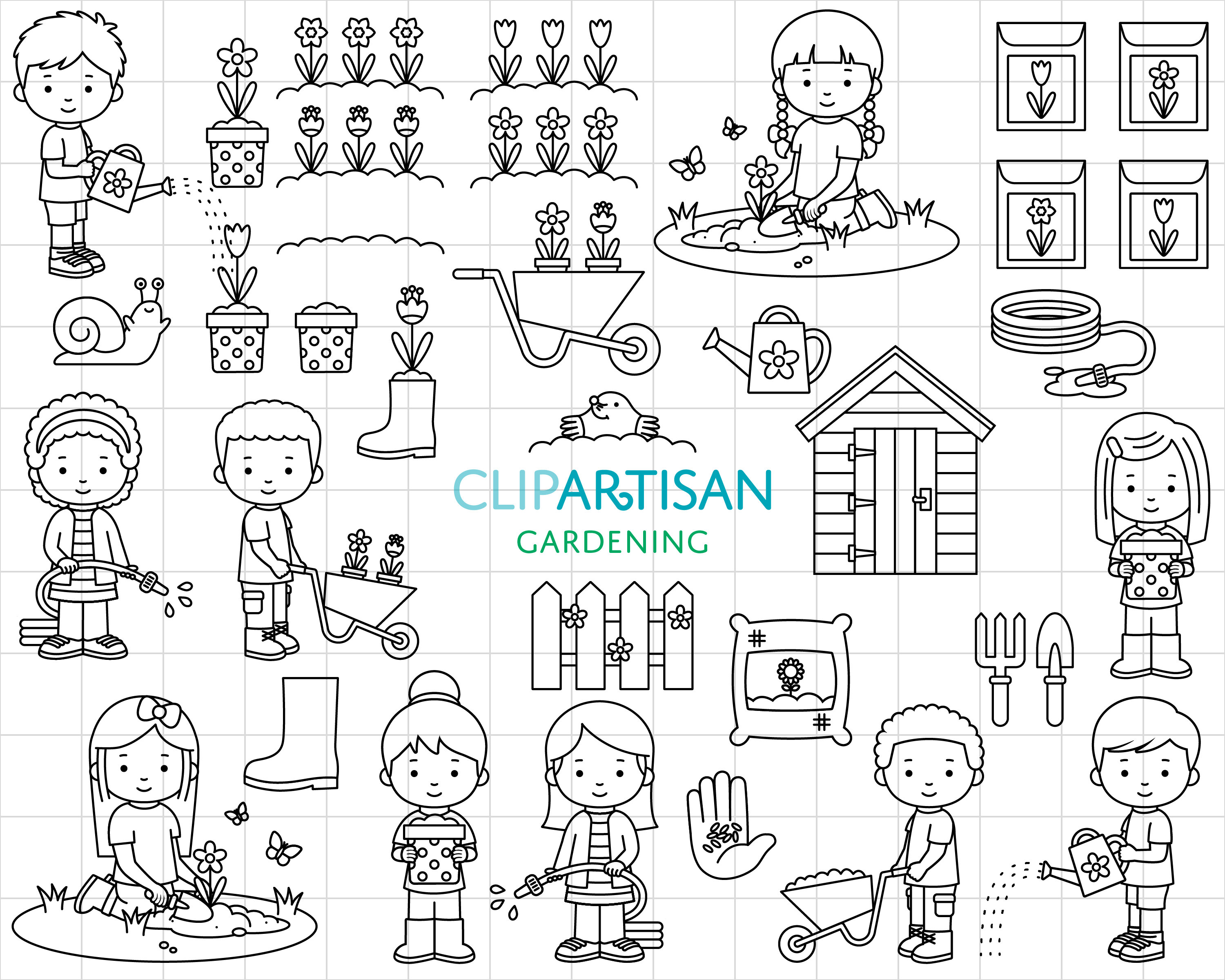 Gardening Clipart, Kids Gardening Digital Stamps, Girl and Boy Spring Garden  Clip Art, Spring Flowers, SVG, PNG, Instant Download, 0056 - Etsy, image size:3000x2400