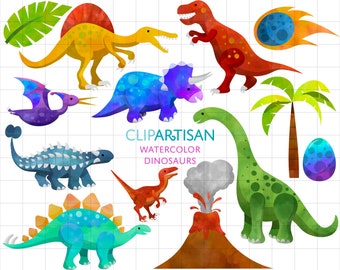 May include: Watercolour illustrations of various dinosaurs, including a green brachiosaurus, a blue stegosaurus, a red T-Rex, a purple triceratops, a yellow spinosaurus, a blue ankylosaurus, a purple pterodactyl, a red velociraptor, a palm tree, a blue egg, and a volcano.