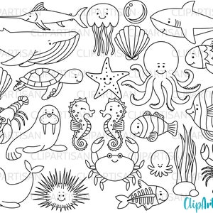 Sea Creatures Digital Stamps, Under the Sea Clip Art, Whale, Shark, Turtle, Crab, Seahorse, Octopus, Jellyfish