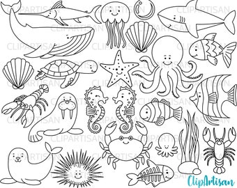 Sea Creatures Digital Stamps, Under the Sea Clip Art, Whale, Shark, Turtle, Crab, Seahorse, Octopus, Jellyfish