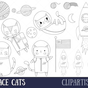 Space Cat Digital Stamps | Kitten Astronaut Digital Clip Art | Cate Line Art