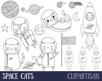 May include: Black and white line art clip art of space cats wearing astronaut suits. The image includes a rocket, planets, stars, and a moon. The text "SPACE CATS" and "CLIPARTISAN" are included in the image.