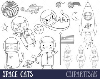 Space Cat Digital Stamps | Kitten Astronaut Digital Clip Art | Cate Line Art