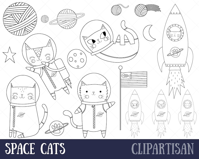 Space Cat Digital Stamps Kitten Astronaut Digital Clip Art Cate Line Art