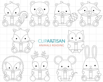 Animals Reading a Book Digital Stamps, Woodland Animals Clipart, Back to School Printable, PNG SVG 0060