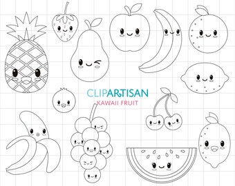 Kawaii Fruit Digital Stamp | Vector Graphics and Coloring Page