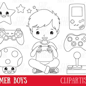 May include: Black and white line art illustration of a boy playing video games. The illustration includes a boy holding a video game controller, a mushroom character, a star, a joystick, and two different video game consoles.