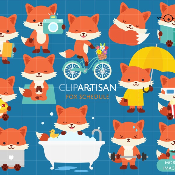 Kawaii Fox Clip Art, Cute Foxes Digital Stamps, Fall Fox, Yoga Fox, Sleeping Fox, Fox at Work, Autumn, Instant Download PNG SVG 0049