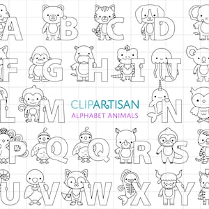 May include: Black and white line art alphabet with animals holding letters. The letters are in uppercase and the animals are stylized. The text "CLIPARTISAN ALPHABET ANIMALS" is at the bottom of the image.