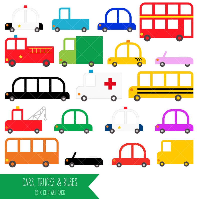 May include: A set of 19 colorful clip art images of cars, trucks, and buses. The images include a red fire truck, a yellow school bus, a black limousine, a green delivery truck, a blue police car, a white ambulance, a red double-decker bus, a pink car, a yellow taxi, a black car, a green car, a purple car, a red car, a yellow car, a red tow truck, a white police car, and a orange bus. The text "CARS, TRUCKS & BUSES 19 X CLIP ART PACK" is at the bottom of the image.