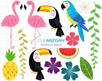 Tropical Clipart, Tropical Birds Clip Art, Tropical Summer, Flamingo, Toucan, Parrot