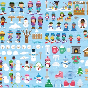 Winter Kids Clipart Bundle, Snow Day, Christmas, Build a Snowman, Skiing, Sledding, Snowboarding, Snowball Fight Instant Download 0025