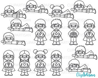 May include: Black and white line art illustrations of superheroes. The illustrations feature a variety of poses, including flying, standing, and lying down. The superheroes are wearing capes and masks.