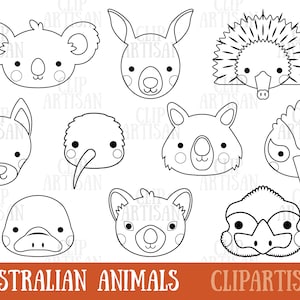 Australian Animal Faces Digital Stamps, Koala, Kangaroo, Wombat, Adobe Illustrator File, SVG
