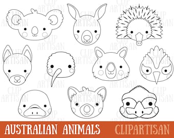 Australian Animal Faces Sellos Digitales, Koala, Canguro, Wombat, Adobe Illustrator File, SVG