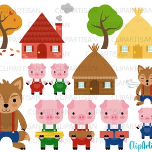 以下が含まれることがあります： 赤ずきんちゃんのおとぎ話に登場するキャラクターを描いたデジタルイラストのセットです。イラストには、オオカミ、ブタ、家、木が含まれています。イラストは漫画風で、子供向けの本、クラフト、その他の創造的なプロジェクトに最適です。