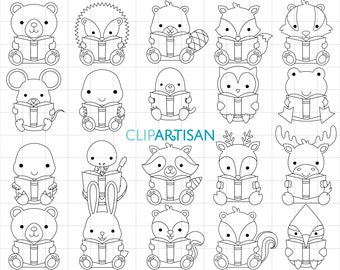 Woodland Animals Reading a Book Clipart Bundle, Woodland Animals, Back to School Printable, Digital Stamps, PNG SVG 0060