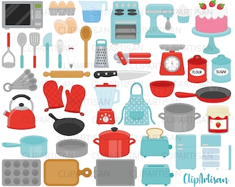 Kitchen Baking and Cooking Tools Clip Art Retro Red and Blue PNG Instant Download 0013