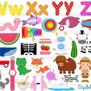 May include: Colorful alphabet letters with polka dots, a watermelon, a blue whale, a red wagon, a green dinosaur, a red fox, a brown yak, a zebra, a white yeti, a pink worm, a yellow fish skeleton, a red and blue xylophone, a red and white yo-yo, a purple sweet potato, a blue and red airship, a black and white skeleton, a jar of strawberry jam, a green zucchini, a zipper, a pink watch, a bowl of yellow cereal, a pair of pink scissors, a pink yarn ball with knitting needles, a black and white striped fish, a girl wearing a brown safari hat and a brown shirt, a blue and green number zero, a gray wolf, and a blue boat with a white sail.