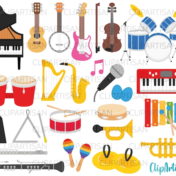 Instrumentos musicales Clip Art, Guitarra, Violín, Batería, Xilófono, Metal, Viento madera, Piano, Trompeta, Orquesta, PNG 0027