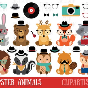 May include: A collection of cartoon hipster animals, including a rabbit, bear, deer, fox, raccoon, hedgehog, skunk, owl, beaver, and squirrel. Each animal wears glasses and a hat. Accessories include a camera, bow ties, and a vinyl record. The text "HIPSTER ANIMALS" is at the bottom.