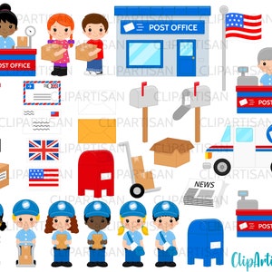 Post Office Clip Art, Mail Carrier, Mail Truck, Package, Parcel, mail Box, INSTANT DOWNLOAD