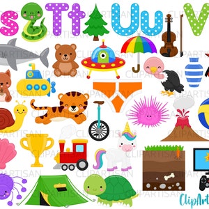 Alphabet ClipArt, Illustrazioni ABC, lettere dell&#39;alfabeto STUV, Ritorno alla grafica della scuola, 0001