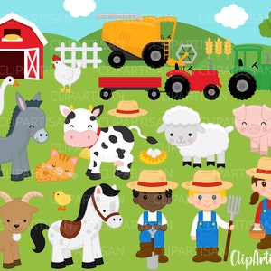 Könnte beinhalten: Ein Set mit Illustrationen von Nutztieren und landwirtschaftlichen Geräten. Das Set enthält einen roten Stall, einen Traktor, einen Mähdrescher, eine Kuh, ein Schwein, ein Schaf, einen Esel, eine Ziege, ein Pferd, ein Huhn, eine Gans, eine Katze, ein Küken und zwei Landwirte.