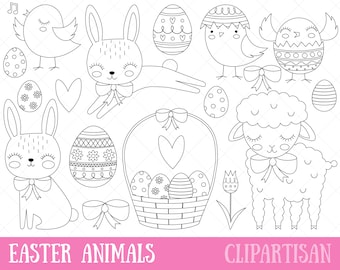 Könnte beinhalten: Schwarz-weiße Linienzeichnungen von Ostertieren, darunter ein Hase, ein Küken, ein Lamm und Eier. Die Illustrationen sind perfekt zum Basteln, Scrapbooking oder Erstellen digitaler Designs.