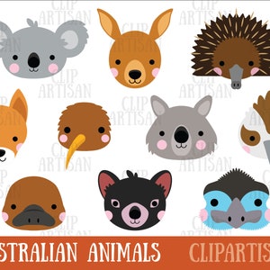 Australian Animal Faces Clipart, Koala, Kangaroo, Wombat, Party Photo Booth Masks