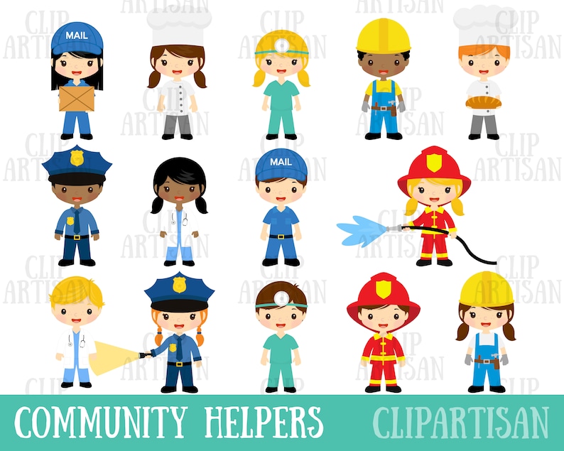 May include: A set of 12 cartoon illustrations of children dressed as community helpers. The illustrations include a mail carrier, baker, nurse, construction worker, police officer, doctor, mail carrier, firefighter, and a mechanic. The illustrations are in a colorful cartoon style and are perfect for use in educational materials or for creating fun and engaging crafts.