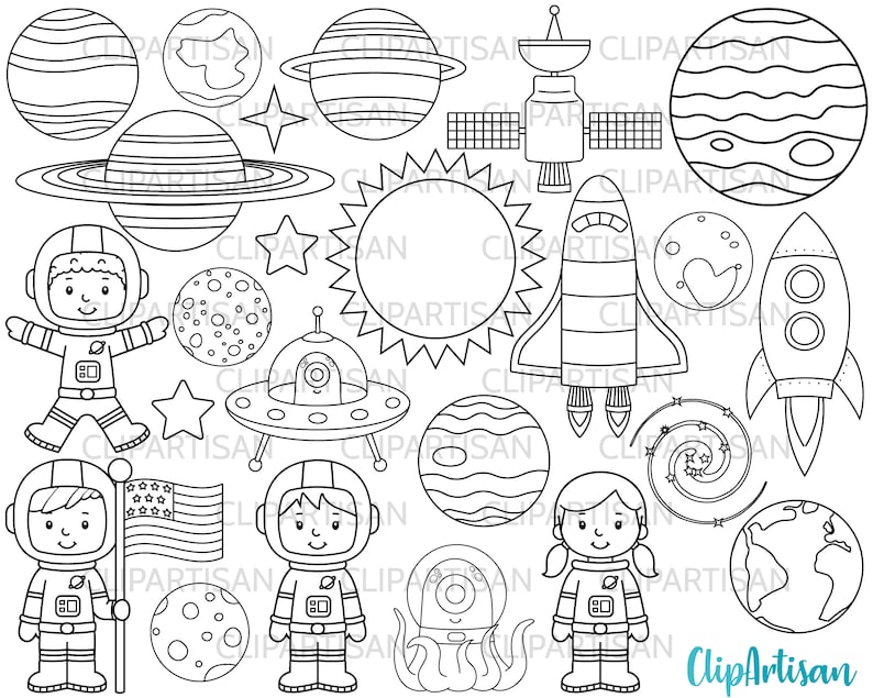 Space Digital Stamps, Astronauts Clip Art, Aliens, Planets, Rocket, Space Shuttle, Outer Space Clip Art, INSTANT DOWNLOAD SVG 0039 image 1