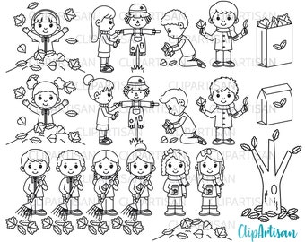 Fall Kids Digital Stamp, Autumn Kids in Leaves Clip Art, PNG SVG Instant Download 0019
