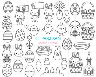 Könnte beinhalten: Schwarz-weiße Strichzeichnungen von Osterelementen, darunter Hasen, Küken, Eier, Körbe, Karotten und eine Kirche. Der Text "ClipArtisan Easter Things" ist im Bild enthalten.