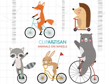 Cycling Animals Clipart | Bear Riding a Bicycle | Fox Illustration | Rabbit Illustration | Raccoon Illustration